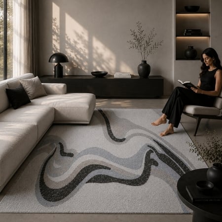 Handmade Wool Silk Area Rug Modern Wave Beige 5 x 8 Feet Carpet