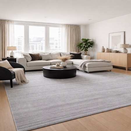 Mist Linear Pet Yarn Rectangle Carpets Hand Loom in Grey Colour