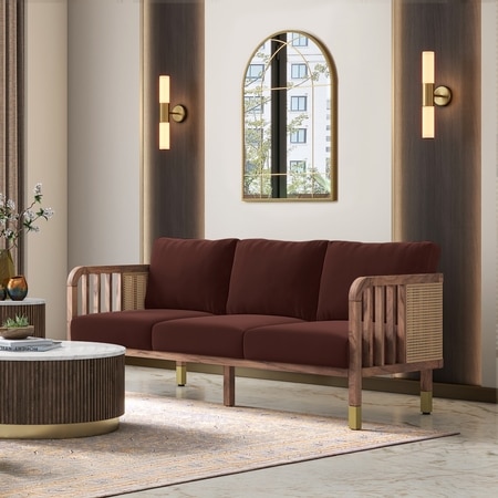 Taran 3 Seater Wooden Sofa in Deep Crimson Velvet Colour