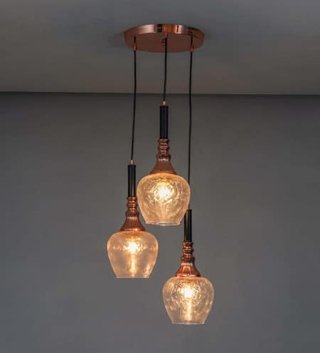 Hirst 3 Light Cascade Ceiling Pendant In Rose Gold And Black Finish Metal With Textured Clear Glass Shades