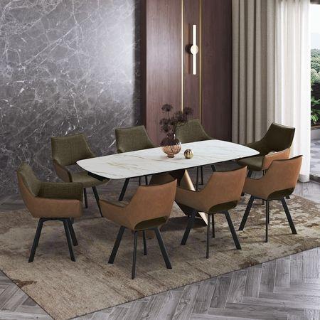 Aeris Casey 6–8 Seater Extendable Dining Set (Gilded White Finish, Olive & Tan Colour)