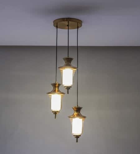 Isla 3 Light Ceiling Pendant In Brass Finish Metal With Amber And Frosted White Glass Shades