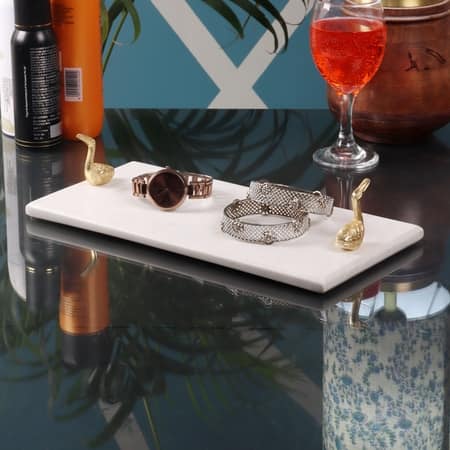 Marble Platter Rectangular With Gold Finish Metal Piece Attachment