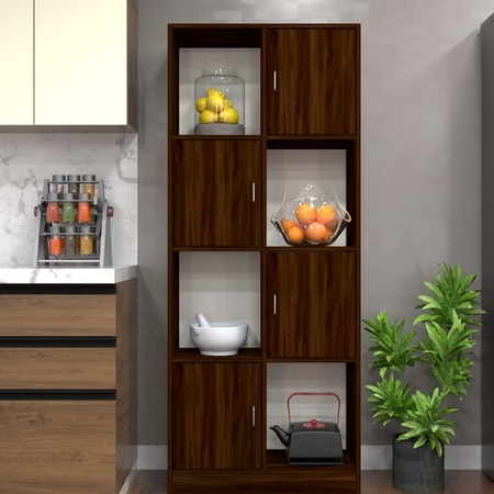 8 Shelves Semi Open Multipurpose Matrix Kitchen Cabinet In Asian Walnut Finish