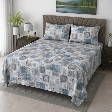 Pavi White & Blue Floral 400 TC Cotton Flat Queen Size Bedsheet with 2 Pillow Covers – Threads