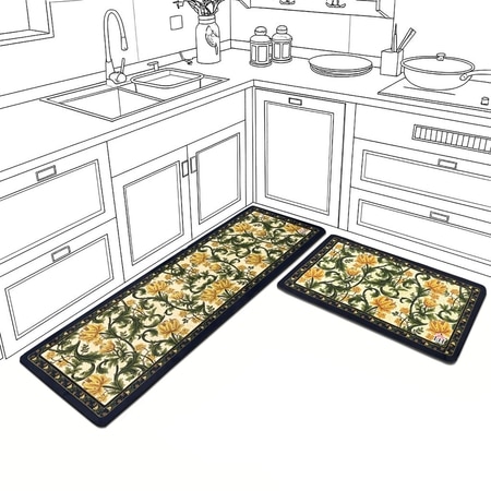 Luxe Home Floral Design Combo Kitchen Runner Mat- Yellow (116x36 & 58x36 cm PC-2)