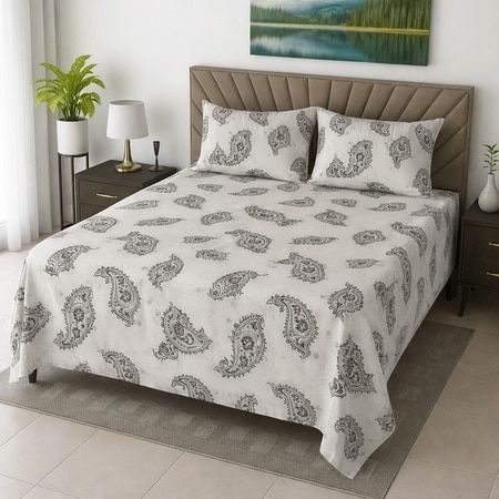 Aden Black & White Floral 330 TC Cotton Flat Super King Size Bedsheet with 2 Pillow Covers – Threads