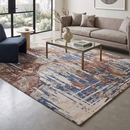 Ivory Blue Brown Abstract Wool Silk Hand Tufted Area Rug for Living Room Bedroom 6x9