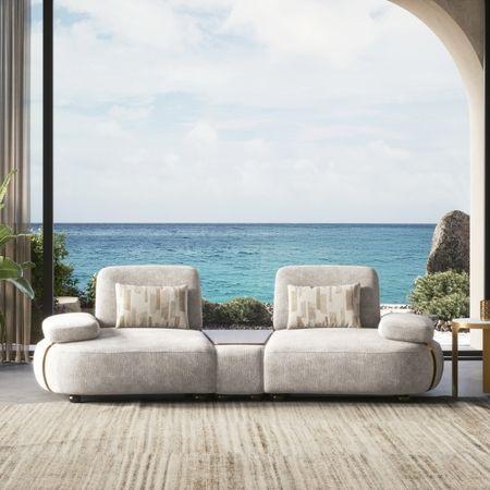 Soho 3 Seater Fabric Sofa With Modular Wood Top Table In Turtledove Fabric