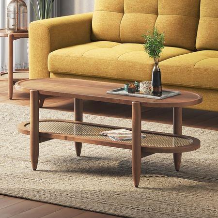 Tora Solid Wood And Cane With Glass Coffee Table In Amber Walnut Finish