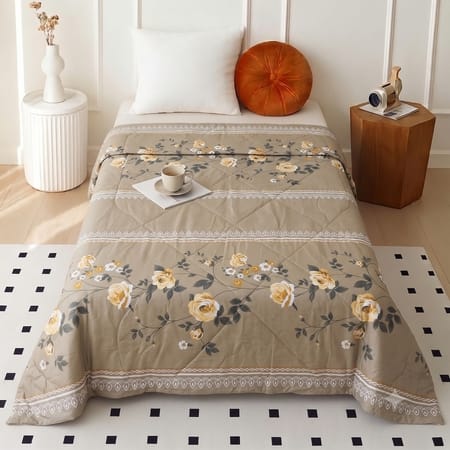 Coffee Floral Comforter Quilted Cotton Feel 300 Gsm Single Bed 240 X 160 Cms