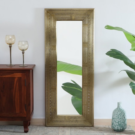 Felix Mango Wood Inlay Brass Tall Wall Mirror