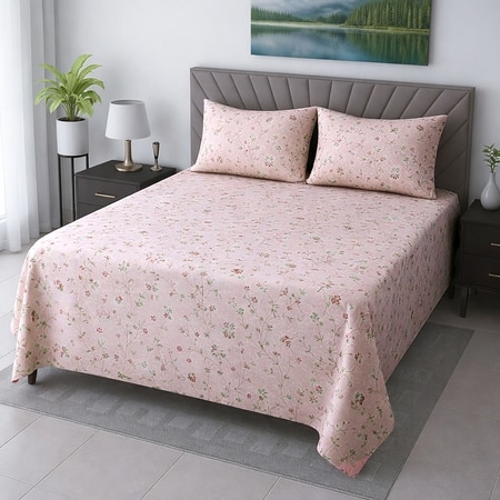 Mira Pink Floral 400 TC Cotton Flat Queen Size Bedsheet with 2 Pillow Covers – Threads