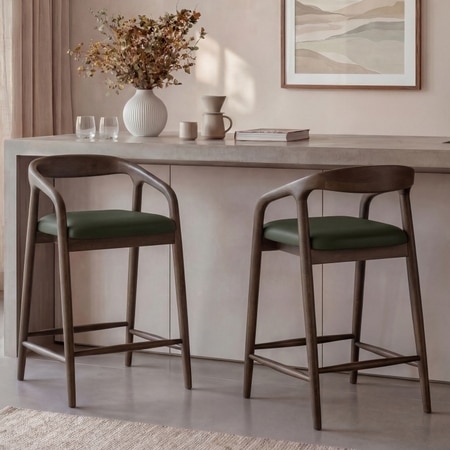 Zen Solid Wood Bar Chair In Danish Walnut Finish with Olive Leatherette Colour