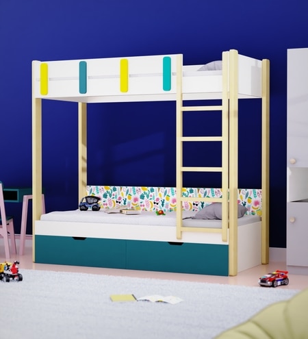 Pine Tree Single Size Bunk Bed In White & Teal Colour
