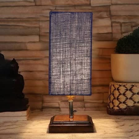 Emma Blue Jute table lamp with Square Brown Wood Base