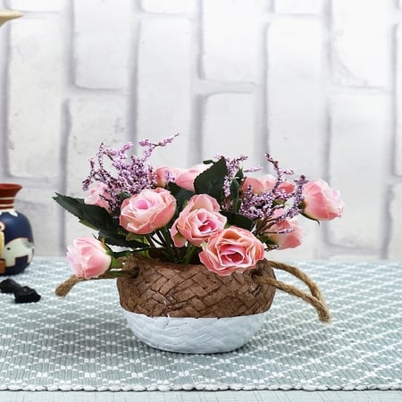 Artificial Pink Roses With A Ceramic Pot