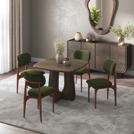 Aero Solid Wood 4 Seater Dining Table With 4 Ollie Dining Chairs (Finish : Danish Walnut, Chair Colour : Deep Olive Velvet)