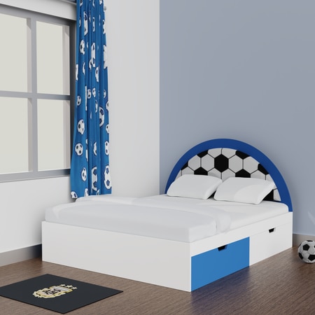Soccer Mania Double Bed  6X5(Drawers On Wheels) In Blue Colour