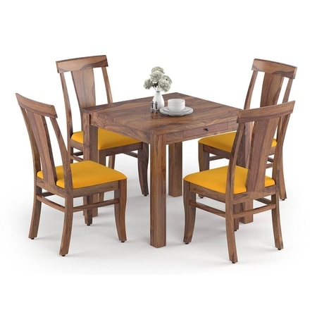 Arabia Solid Wood 4 Seater Dining Table With 4 Fabio Chairs (Finish : Teak, Chair Colour : Matty Yellow)