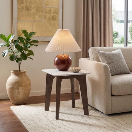 Lunar Rectangular Solid Wood and Carrara White Marble Side Table In Danish Walnut Finish