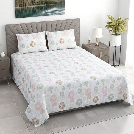 Whitefloral 400 Tc  Cotton Flat  Double Queen Size Bedsheet With 2 Pillow Cover