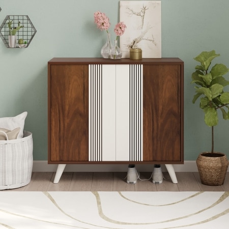 Cylvie Engineered Wood Dual Tone 2 Doors Shoe Rack Cabinet Slipper Footwear Stand Organizer with Handleless/Push to Open Design Up to 12 Pairs for Home (Brown Maple & White)