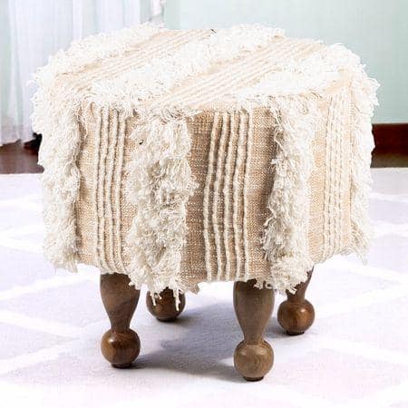 Louisville Acacia Wood Mid Century Round Pouf Stool in Beige Fabric