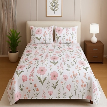 White Floral 400 TC Cotton Flat Super King Size Bedsheet With 2 Pilllow Covers From Threads