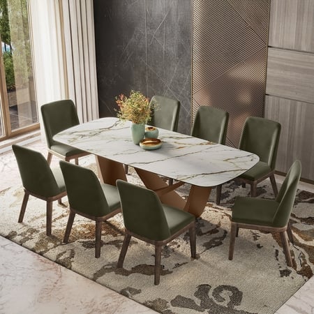 Paloma 8 Seater Pluto Spanish Ceramic Dining Table With 8 Anderson Dining Chairs (Finish : Pluto Spanish Ceramic, Chair Colour : Deep Olive Velvet)