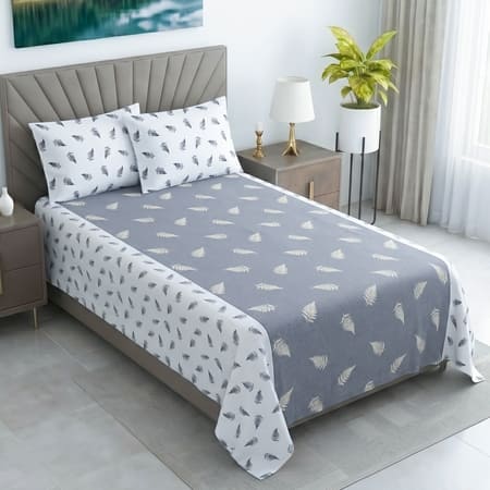 Grey And White Floral Cotton 400 Tcflat Single Bed Size Bedsheet With 2 Pillow Covers