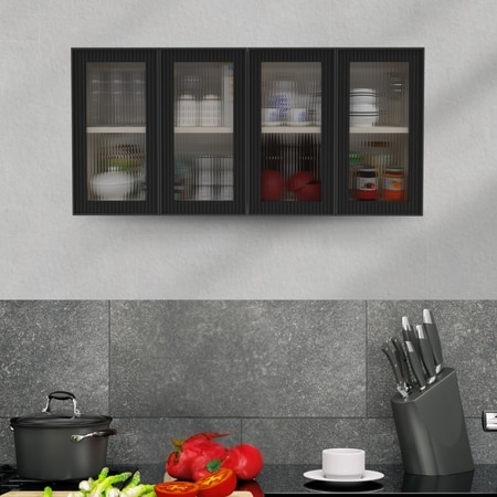 Aluminium Black Profile 4 Fluted Glass Handless Shutters Wall Cabinet In Highland Pine Finish