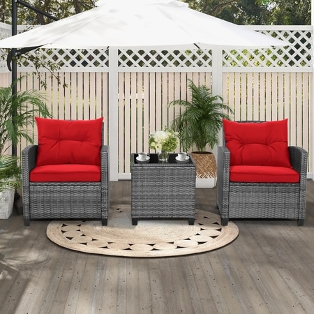 Carry Bird Wicker Patio Furniture Outdoor Balcony Chairs In Grey And Red Colour