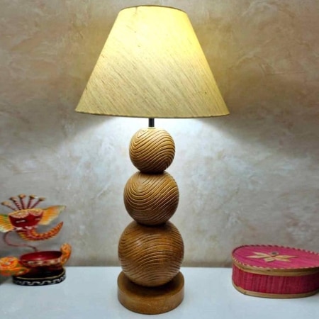 Foster Handmade Natural Wooden Table Lamp with ball over ball design with Cotton Beige shade
