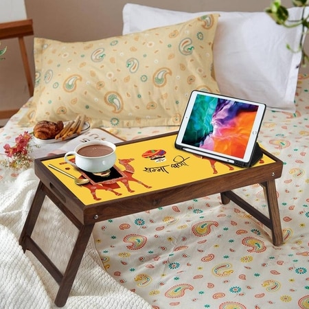 Khamma Ghanni Solid Wood Breakfast Table/Tray In Multicolour