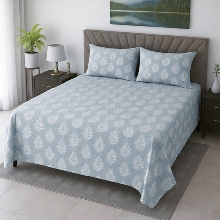 Qira Blue & Green Floral 400 TC Cotton Flat Queen Size Bedsheet with 2 Pillow Covers – Threads