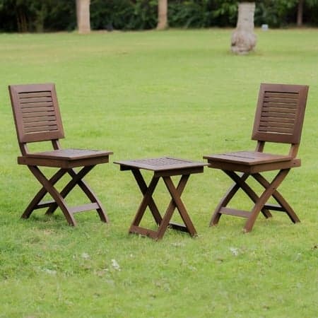 Alfresco Solid Wood Outdoor Folding Square Table with Two Square Chairs in Brown Colour