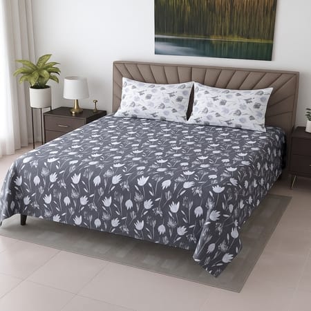Charcoal Floral Cotton 400 Tc Flat Super King Size Bedsheet With 2 Pillow Covers