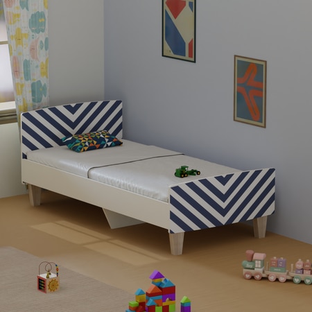 Minimalist Kids Single Bed in White and Blue Stripes