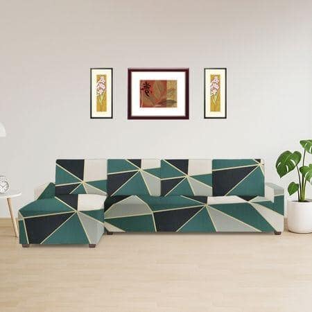 Left Aligned 3 Seater Left Aligned Chaise Green Triangles Sofa Cover