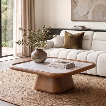 Lazo Solid Wood And Banswara Marble Square Coffee Table In Amber Walnut Finish