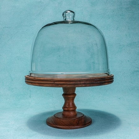Ireka Homes Party Bell Acacia Wood Cake Stand with Glass Dome