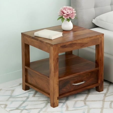 Kassel Sheesham Wood Contemporary Bedside Table End Table In Natural Teak Finish