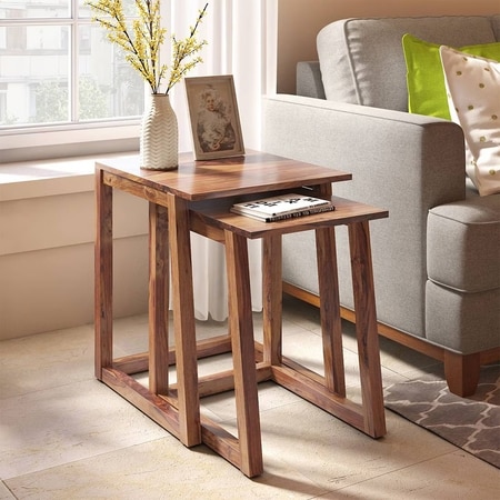 Silvino Solid Wood Nested Side Table in Teak Finish