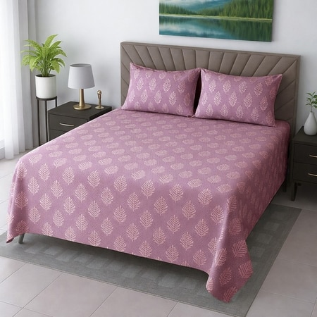 Romi Pink Floral 400 TC Cotton Flat Queen Size Bedsheet with 2 Pillow Covers – Threads