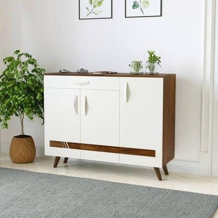 Kaspen Engineered Wood Wood Dual Tone 3 Doors Shoe Rack Cabinet Slipper Footwear Stand Organizer with Drawer can Store Up to 16 Pairs for Home (Brown Maple & Frosty)