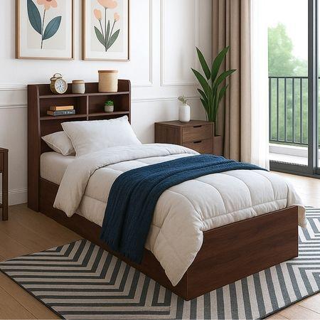 Engineered Wood Single Bed With Head Board Storage in Columbian Walnut Finish