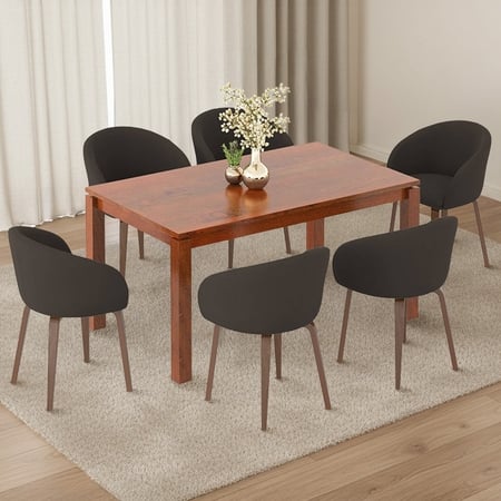 Atlas Solid Wood 6 Seater Compact Dining Table With 6 Meryl Lounge Chairs (Finish : Honey, Chair Colour : Dark Grey)