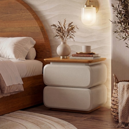 Sora Solid Wood Bedside Table In Beige with Amber Walnut Finish