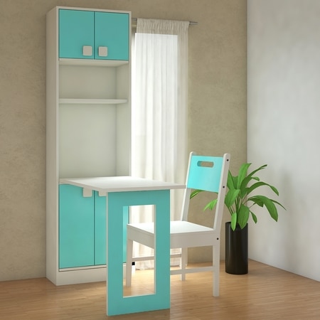 Royale Kids Study Set with Folding Desk cum Bookshelf and Wooden Chair in Misty Turquoise Colour